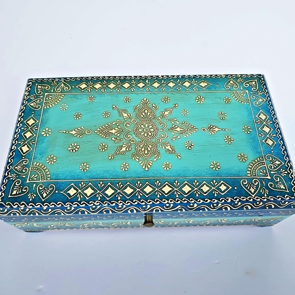 Henna Mehndi‎ Mandala Hand Painted Blue Boho Look Wood Jewelry Box Chest 1687